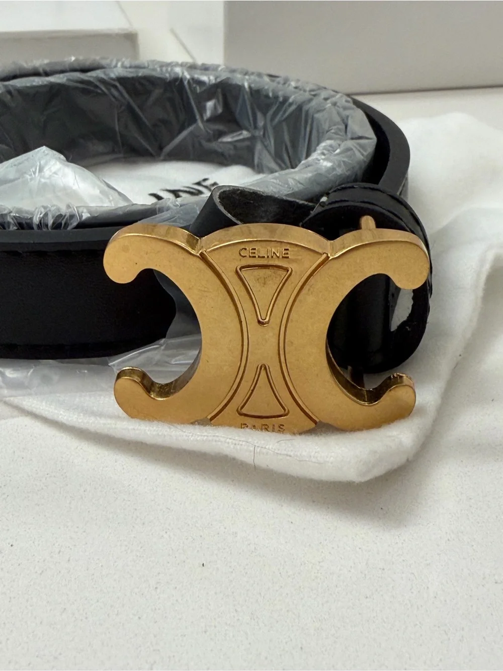 Celine Black Leather Belt with Gold Triomphe Buckle